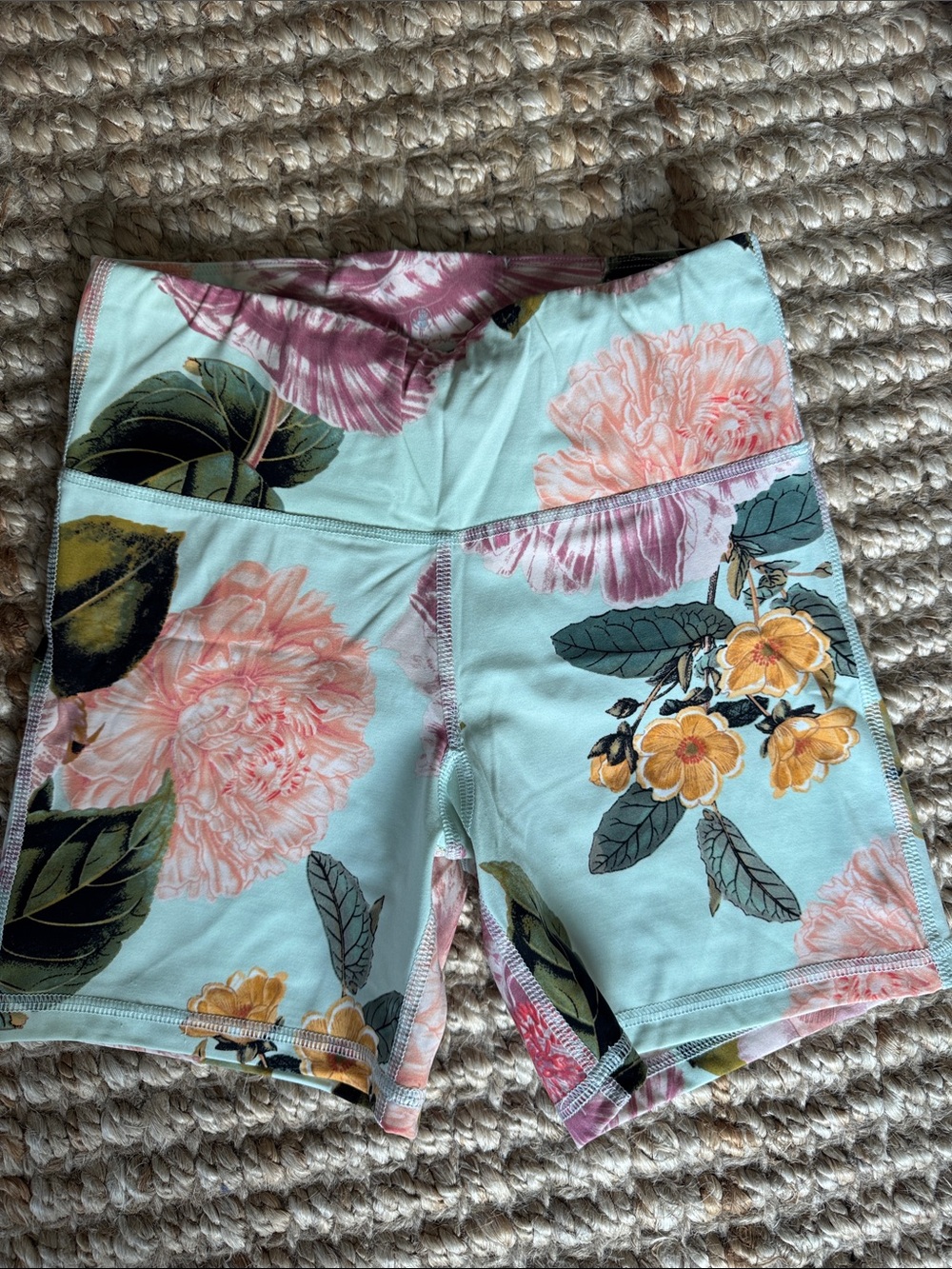 Floral Stretch Bike Shorts - Mint with Pink & Yellow Blooms